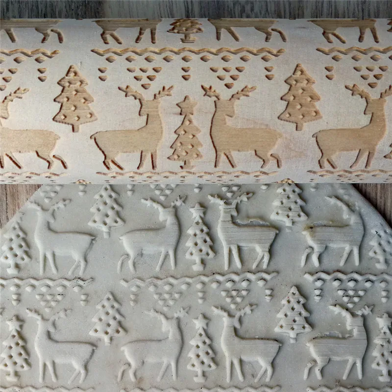Christmas Baking Cookies Biscuit Cake Engraved Roller Embossing Wooden Elk Letters Pattern 35cm*4.3cm | Дом и сад