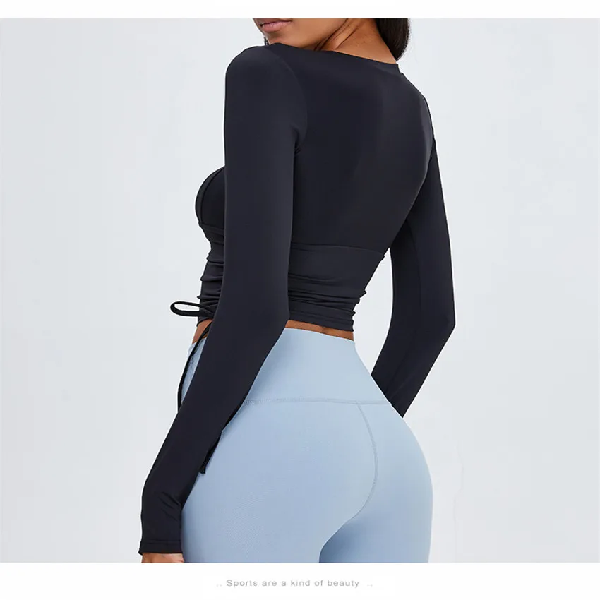 

2021 New Women's Yoga Sports Shirt With Laces On Both Sides Of Yoga Sports T-shirt Tight NudeLong-sleeved Fitness TopDS180
