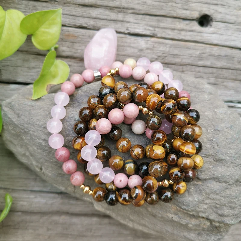 8mm Natural Stone Beads Rose Quartz Tigers Eye Pink Love JapaMala Sets Spiritual Jewelry Meditation Inspirational 108 Mala | Украшения и
