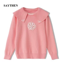 saythen doll collar pullover beaded flower long sleeved sweet and cute sweater women 2020 autumn and winter new product