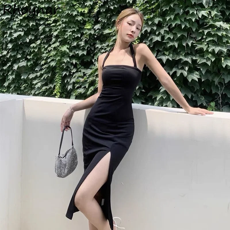 

Dress Women Side-slit Solid All-match Sleeveless Sexy Female Vestidos Simple Daily Teens Minimalist Basic Vacation Club Ulzzang