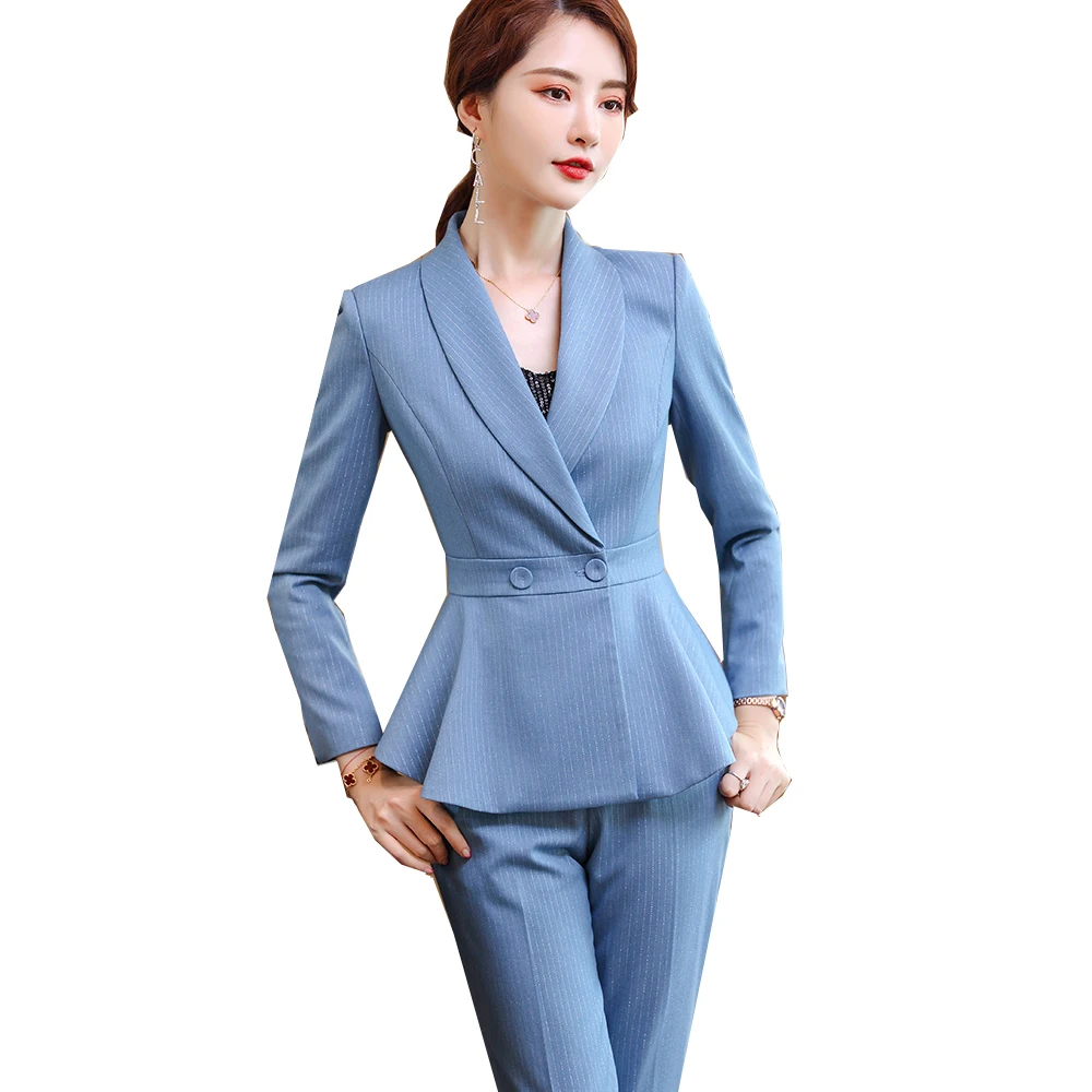 Elegant Pink Blue Black Striped Ladies Pant Suit Women Slim Blazer and Trouser Two Pieces Set for Business Work Wear