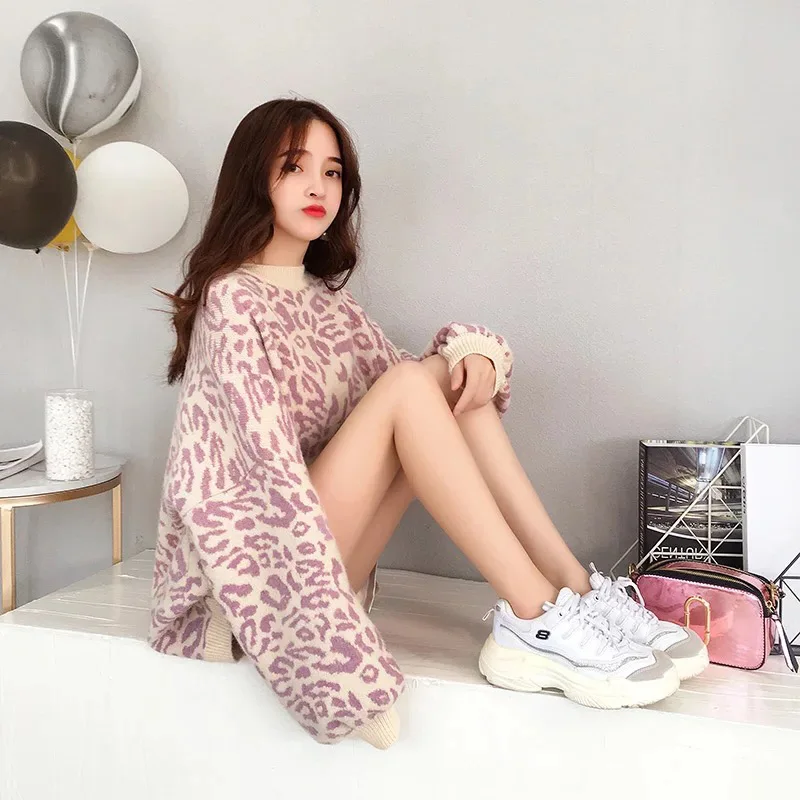 

Autumn Winter Women Leopard Pullover and Sweaters Round Neck Oversize Sweater Jumpers Casual Leopard Korean Pull Femme