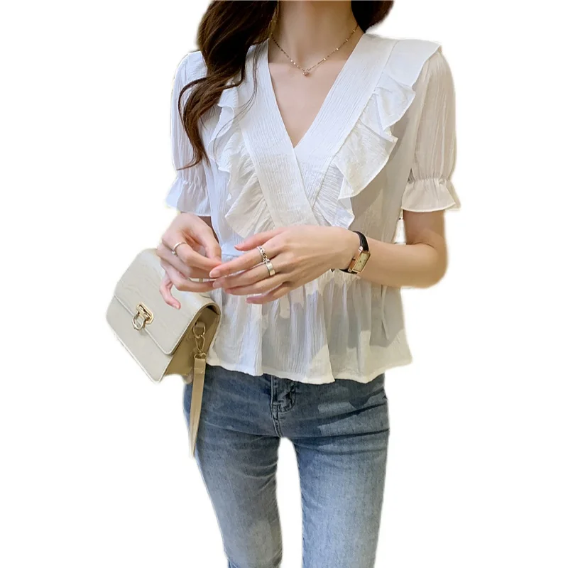 

COIGARSAM Ruffles blouse women New Summer Short Sleeve High Waist V-Neck blusas womens tops and blouses White 9865