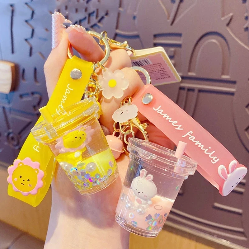 

Cartoon Family Rabbit Milk Tea Cup Liquid Keychain Cute Floating Quicksand Animal Keyring Women Bag Pendant Keyfob Gifts