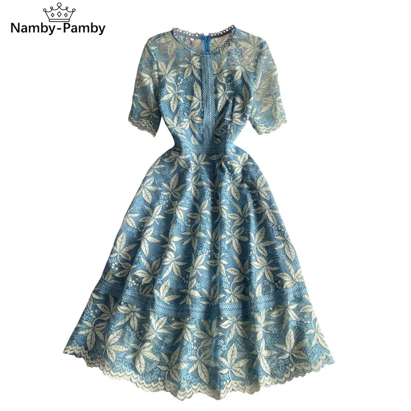 

2021 Summer New Product Slim Slimming Vestidos Female Round Neck Lace Hollow High-waist Short-sleeved Midi Dress GK164