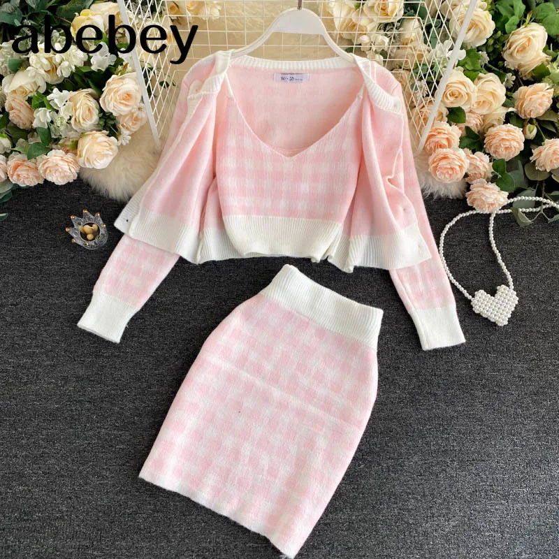 

Korean Sweet Knit Plaid Cardigans + Camisole + Skirts 3pcs Sets Girls Short Sweater Coat + Vest + Mini Skirt Suits Women Outfits