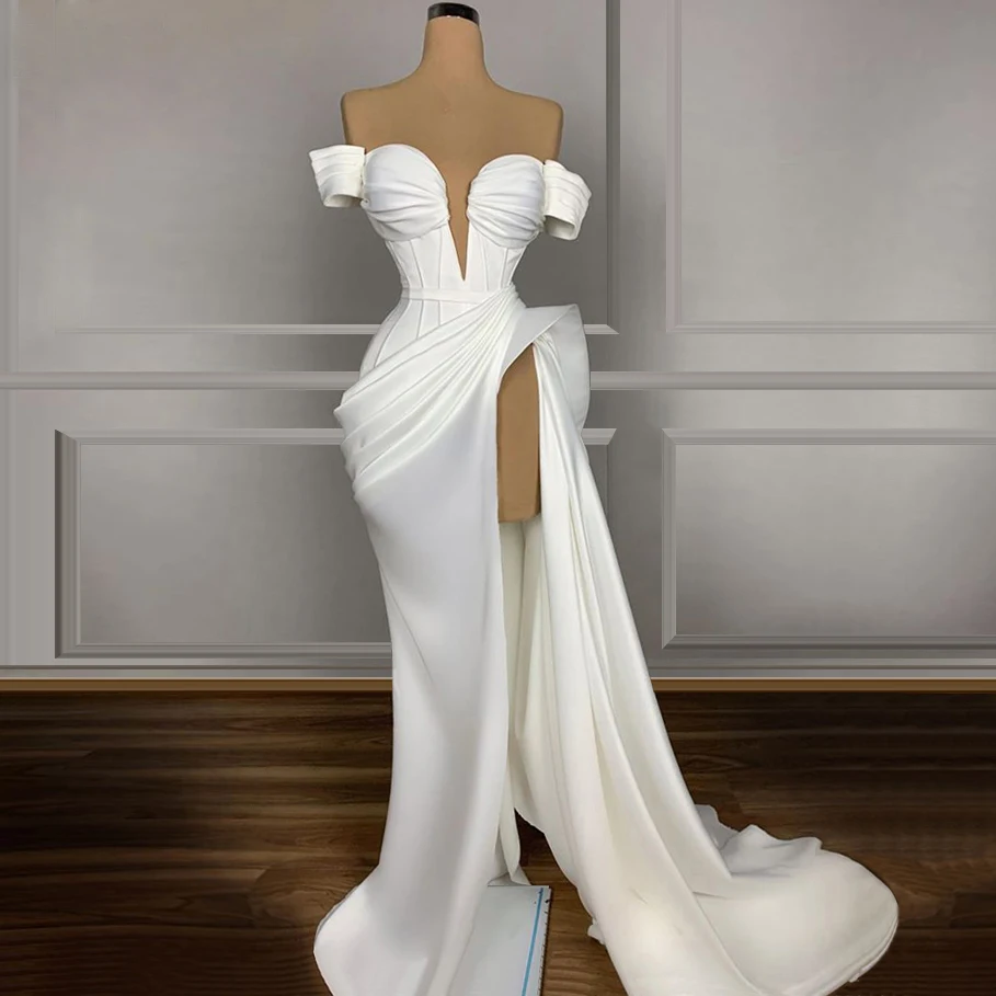 

Elegant white high slit mermaid prom dress bridal party cocktail dress