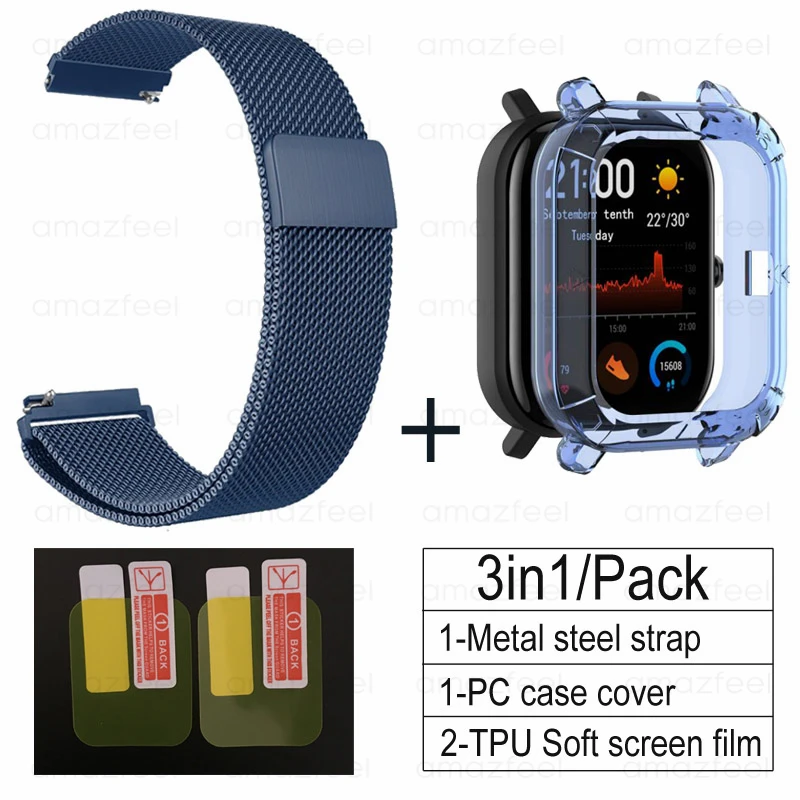 blue-blue 3в1 Для Amazfit GTS ремешок+ ТПУ чехол для Huami Amazfit gts Smartwatch Защитная пленка для экрана браслет ремешок на запястье - Цвет: blue-blue