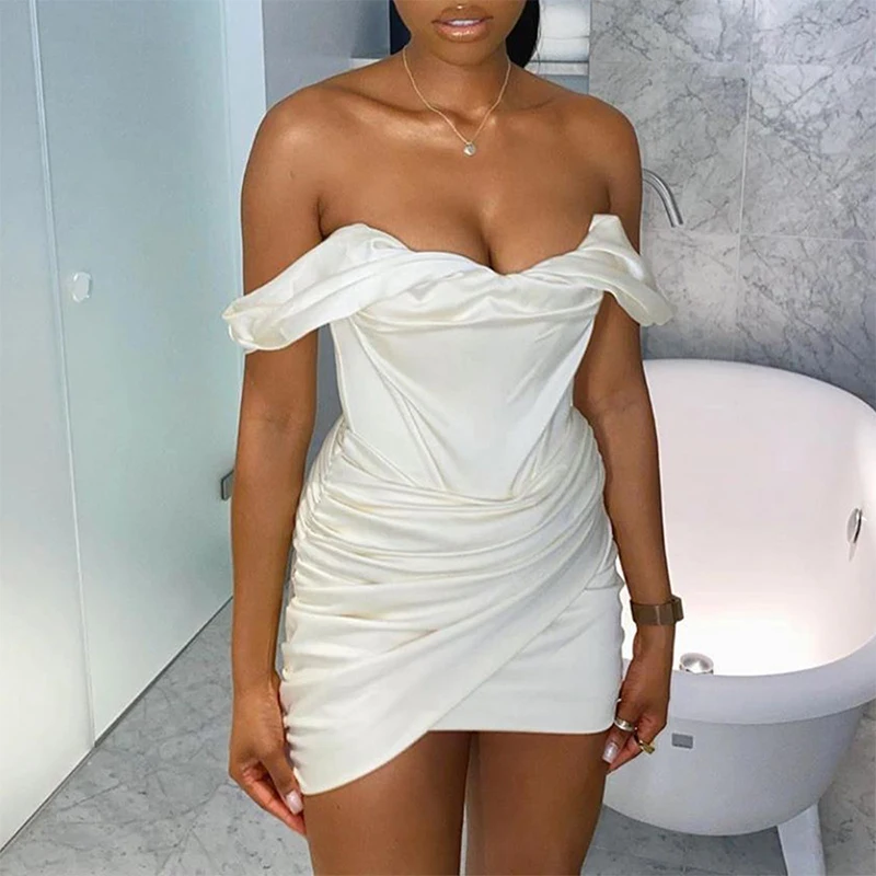 

Summer Solid Color Ladies Dress Sexy One-line Neck Tube Top Open Back Pleated Skirt Tight-fitting Slim-fit Hip Mini Skirt