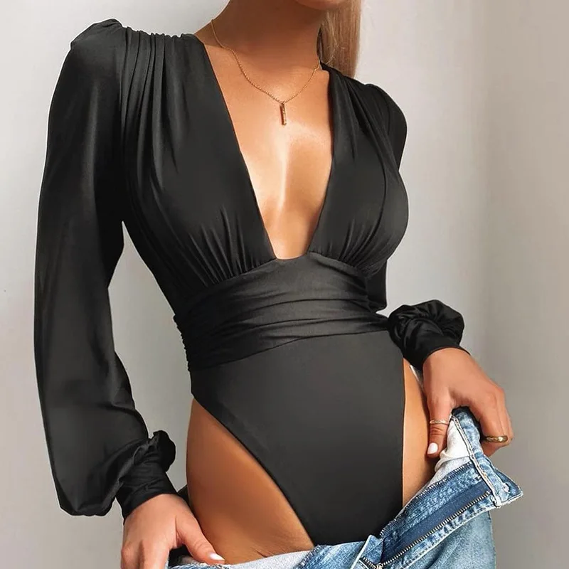 Fashion all-match Bodysuits Autumn Winter women solid color deep V-neck pleated sexy puff sleeve jumpsuit