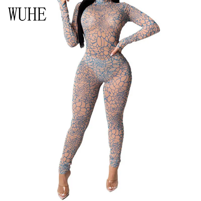 

WUHE Print Skinny Jumpsuits Long Sleeve O Neck Slim Package Hip Vintage Elegant Women Summer Nightclub Streetwear Party Wear