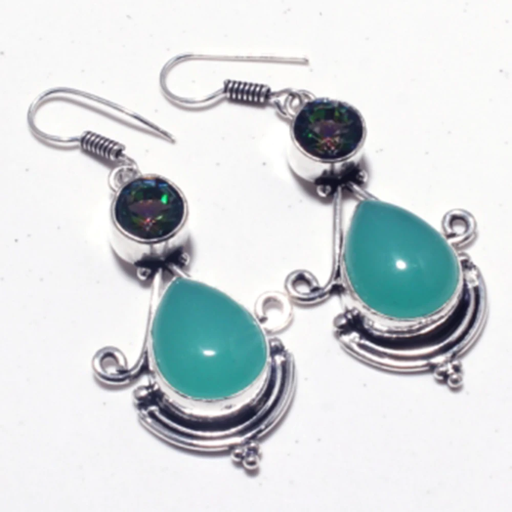 Подлинная халцедон + Мистический топаз Серебро накладки на медные серьги ручной