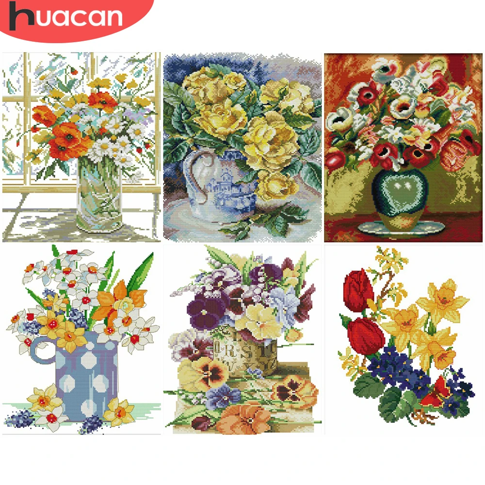

HUACAN Cross Stitch Kits White Canvas Embroidery Floral Needlework Sets 11CT 14CT DIY Gift Home Decoration Flower In Vase