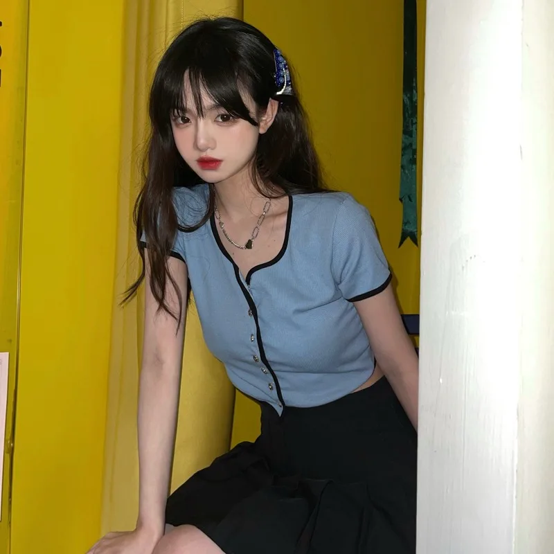 

Short-Sleeved T-shirt 2021 New Fashionable Knitted Color Matching Women's Summer Korean-Style Slim Fit Slimming Scheming Short