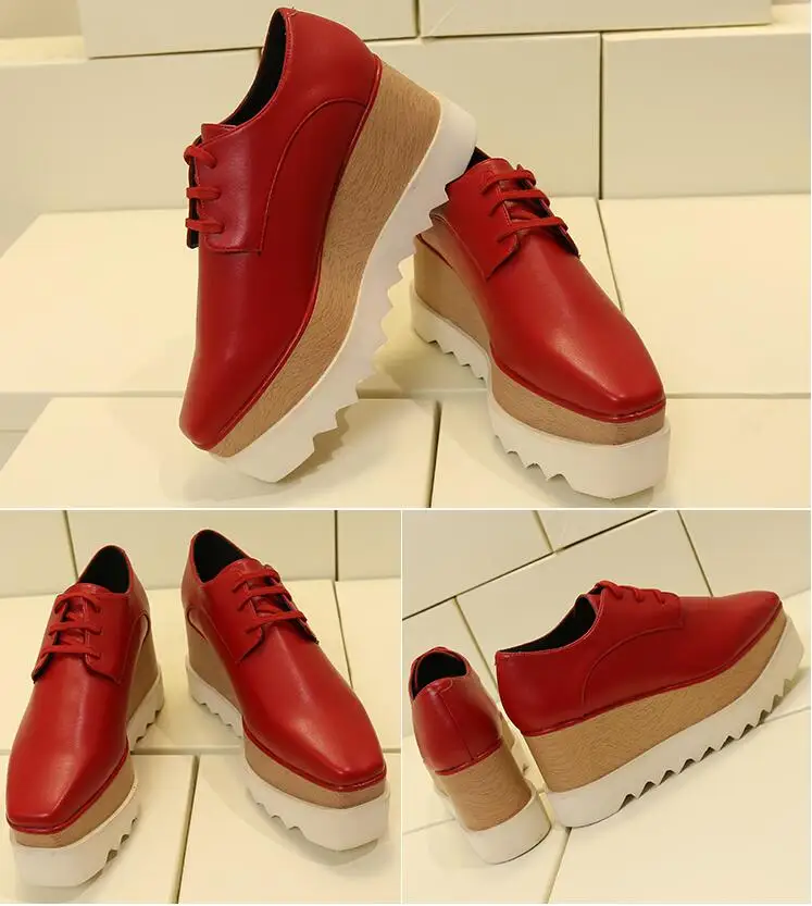 

Lady platform shoes, genuine leather wedge square toe women shoes, woman Loafer Stars Women Lace-up shoes for spring autumn