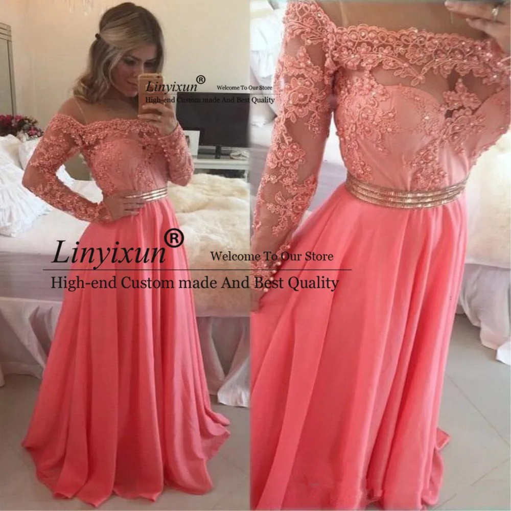 

Sheer Tulle Neckline Evening Dresses Long Sleeves Beaded Lace Applique Formal Evening Gowns A Line Chiffon Robe De Marrige