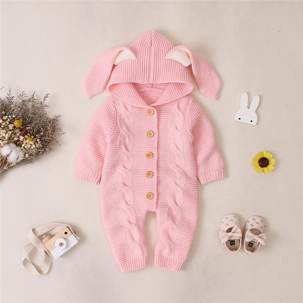 0-24M Autumn Winter Infant Kids Girls Boys Rompers Knit Solid Long Sleeve 3D Ears Hooded Jumpsuits Clothes