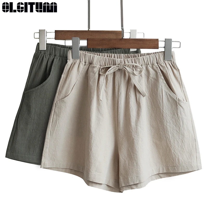 Мужские и женские широкие шорты с высокой талией повседневные хлопковые льняные