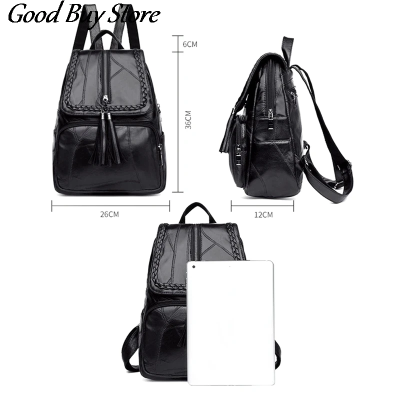 

Black Leather Women's Backpack New Fashion Waterproof Book Bag School Backpacks Travel Mochila Teenager Girls Tassel Schoolbags