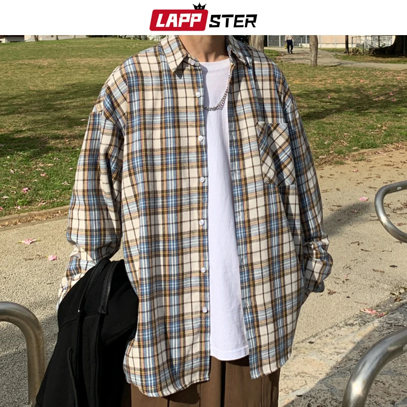 LAPPSTER мужского Harajuku плед Vintage рубашка 2020 Люди Японской Карманы Уличных рубашек с