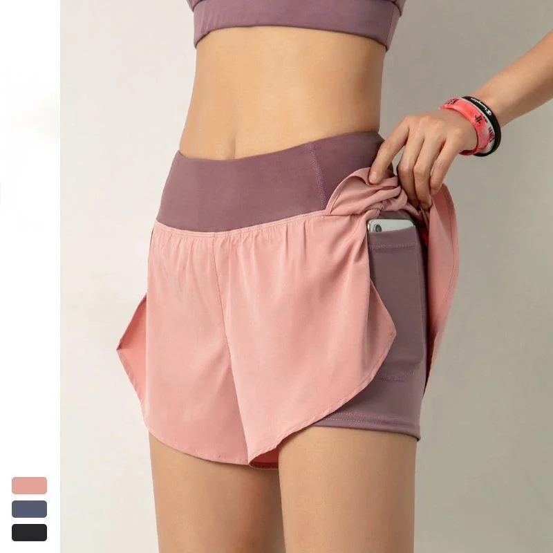 Summer Yoga Pants Women Solid Fake Two Piece Quick Dry High Waist Hip Lift Shorts Pocket Casual Fitness Sports Running Joggers