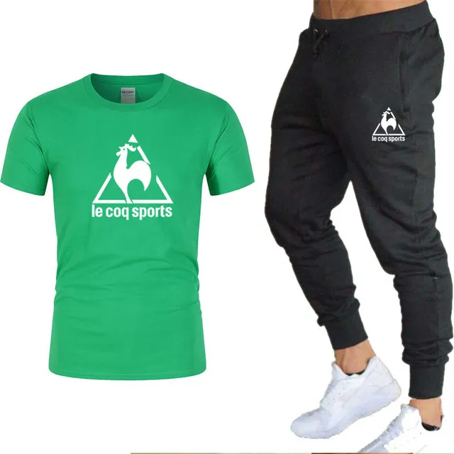

Men's suit summer cotton T-shirt and black pants two-piece solid color printed clothes outdoor clothing suit