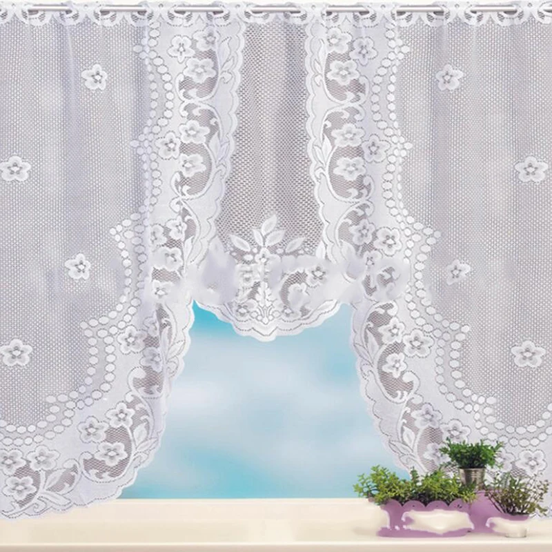 

European White Translucent Coffee Curtain Warp Knitted Curtains Kitchen Tulle Lace Sheer Jacquard Bedroom Curtains Roman Blind