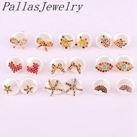 10pairs newest trendy gold filled nature pearl micro cz paved round charms jewelry stud earrings for women
