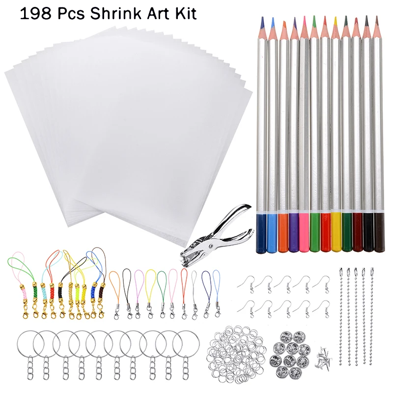 

145/198 Pcs Shrinky Art Paper Heat Shrink Sheet Plastic Kit Hole Punch Keychains Pencils DIY Color Lead Manual Heat Shrink Sheet