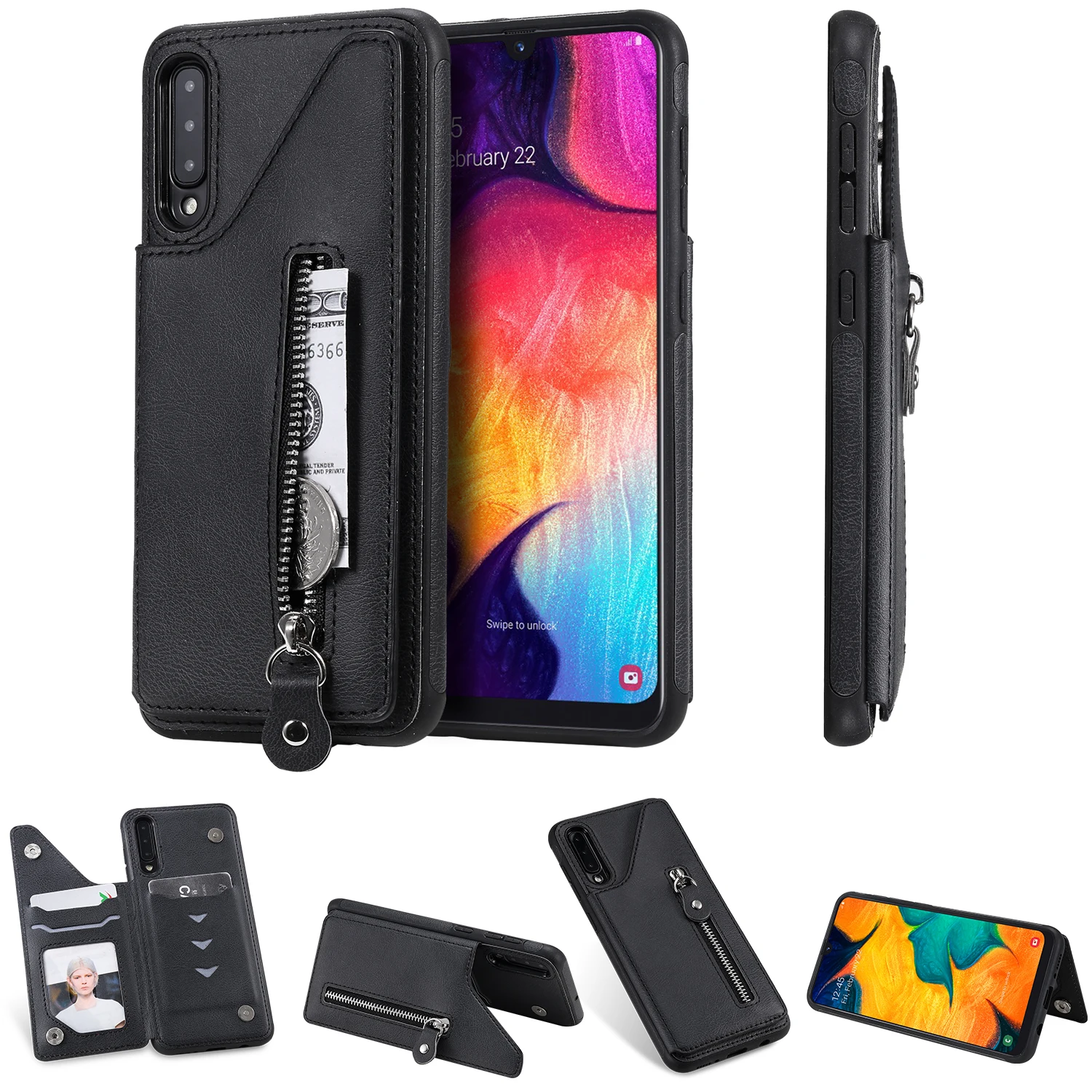 Черный Классическая сумка на молнии для samsung Galaxy A50 ударопрочный кошелек задняя крышка чехол с отделениями для карт для A30S/A50/A50S - Цвет: Черный