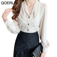 qoerlin spring autumn new chiffon shirt female designer v neck retro puff sleeve button up top shirt apricot office look blusas