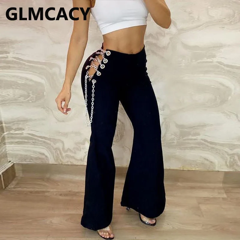 

Women Metal Chain Detail Casual Solid Trousers Flare Pants