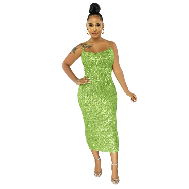 

2021 Women's New Style Sling Split Sequined Long Dress Ladies Sexy Fashion Solid Color Sleeveless Backless Dress Vestidos