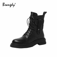 brangdy 2022 genuine leather women martin boots metal decoration round toe new womens winter boots zipper ankle boots size 34 39