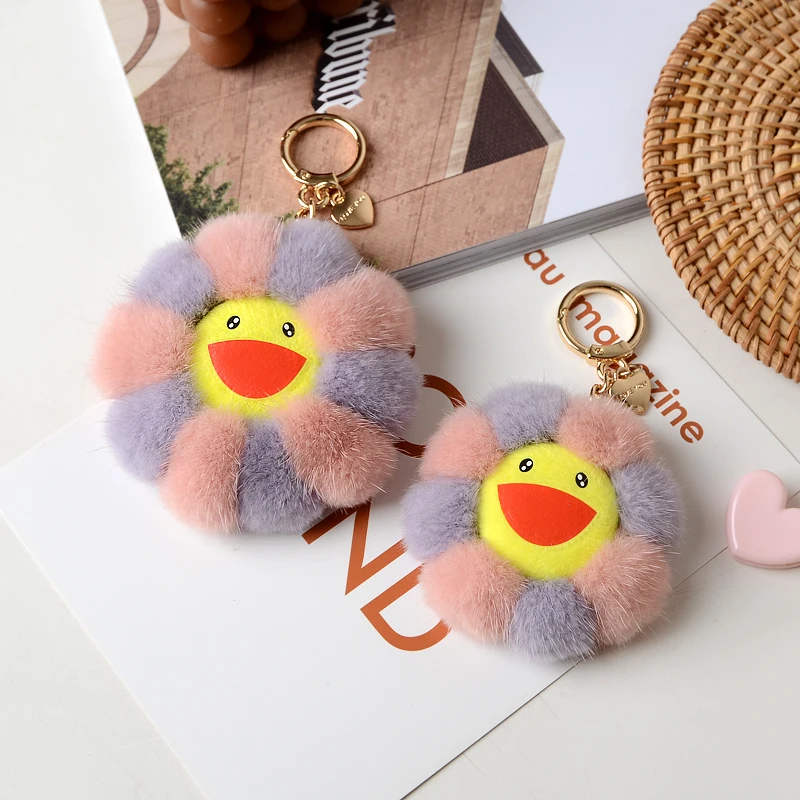 Кольцо с подвеской в виде цветка из 2021 натурального меха норки помпоном для сумки