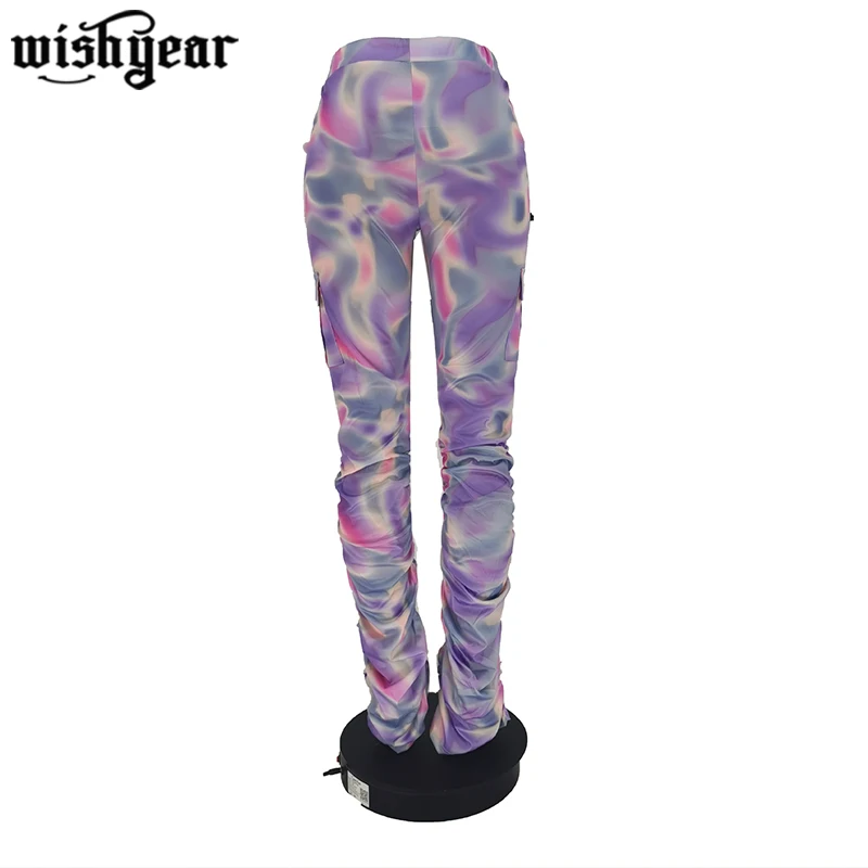 

Autumn Women Elastic Tie Dye Jogger Pants Sportwear Active Pocket High Waist Bell-bottoms Ruched Trouser Draped Jogger S-XXL