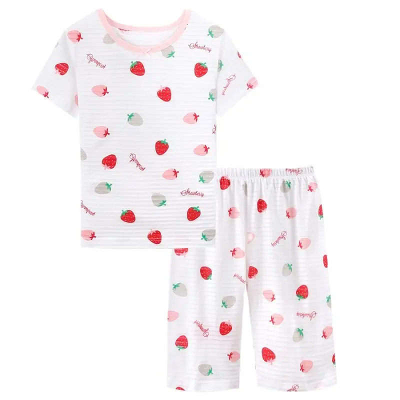 

Kids Pajamas Baby Girl Sleepsuit Set Cartoon Strawberry T-shirt Short Sleeve Toddler Sleepwear Children Girls Cute Homewear Set