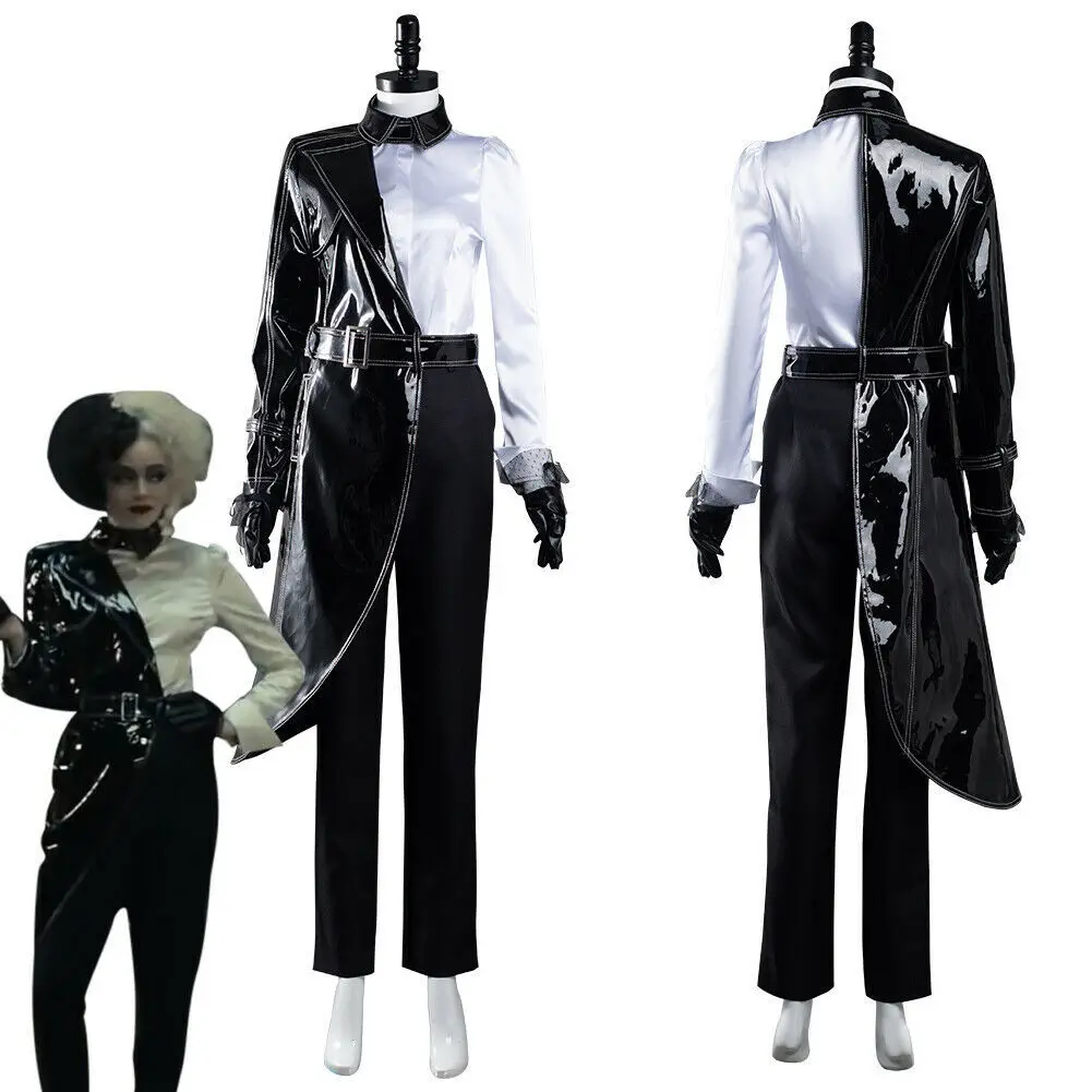 

Cruella De Vil Cosplay Wig Costume Black and White Shirt Jacket Pants Suit