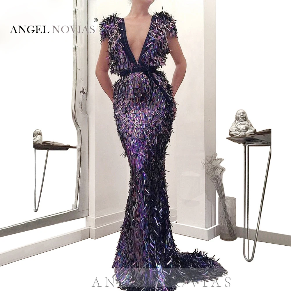 

V Neck Purple Lace Abendkleider Mermaid Evening Dress 2020 Saudi Arabia Dubai Moroccan Sexy Formal Prom Gowns