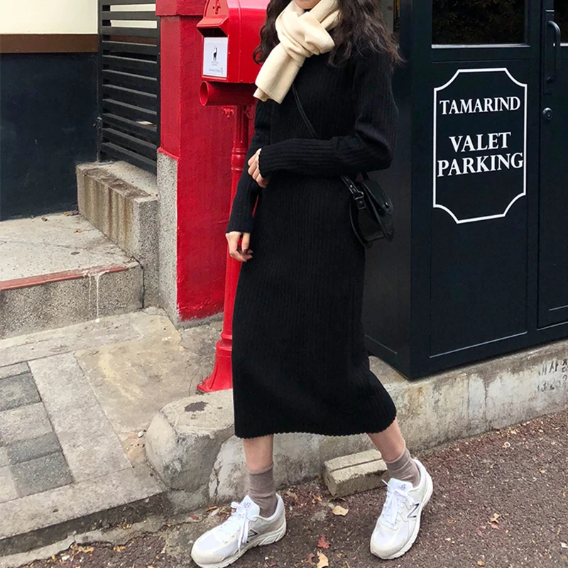 

Half high neck sweater women's autumn winter Black Loose Medium Length Dress with over knee and thickening