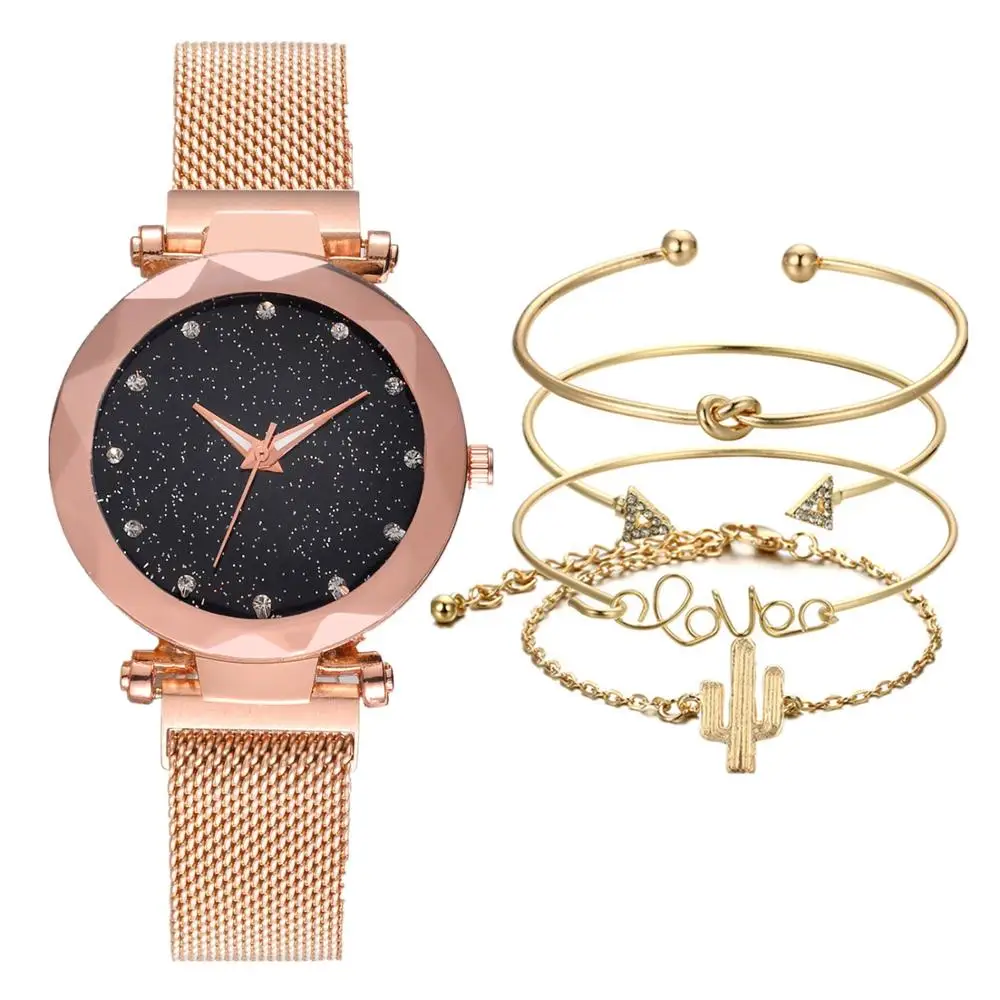 5pc/set Luxury Women Watches Ladies Magnet Starry Sky Clock Fashion Diamond Female Quartz Wristwatch with Bangle zegarek damski | Наручные