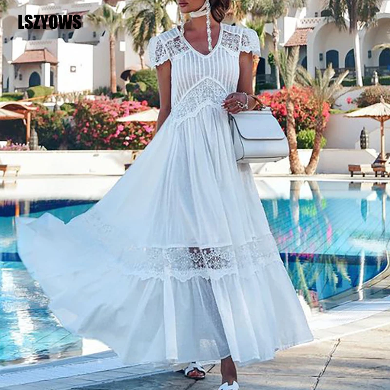 

Women Lace Dress Short Sleeve V-neck Sexy Hollow Out Beach Holiday Dress Bohemian Loose White Maxi Dresses Casual Party Vestidos