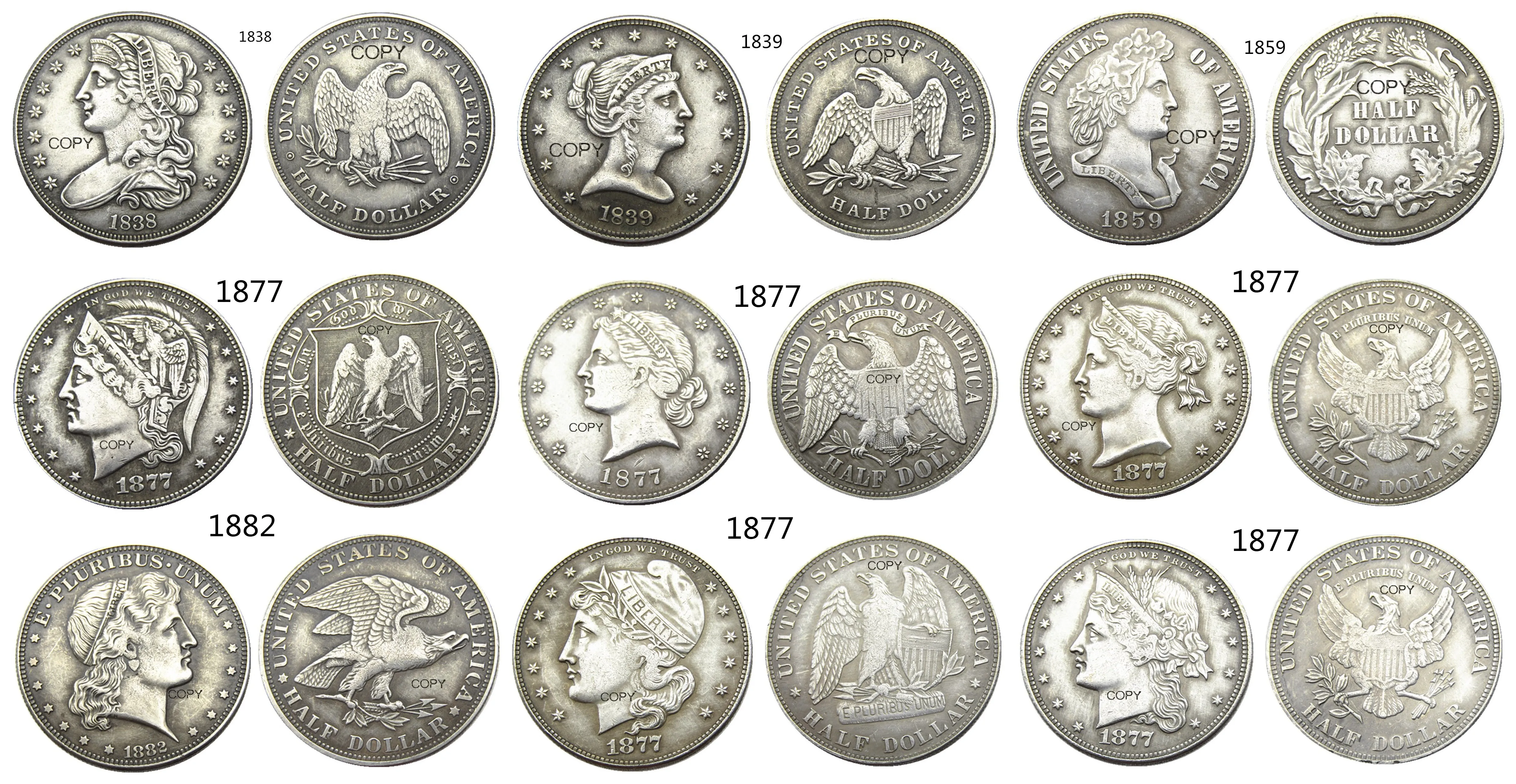 США набор из 9 шт. (1838-1882) с посеребренным рисунком в виде полудолларов | Дом и сад