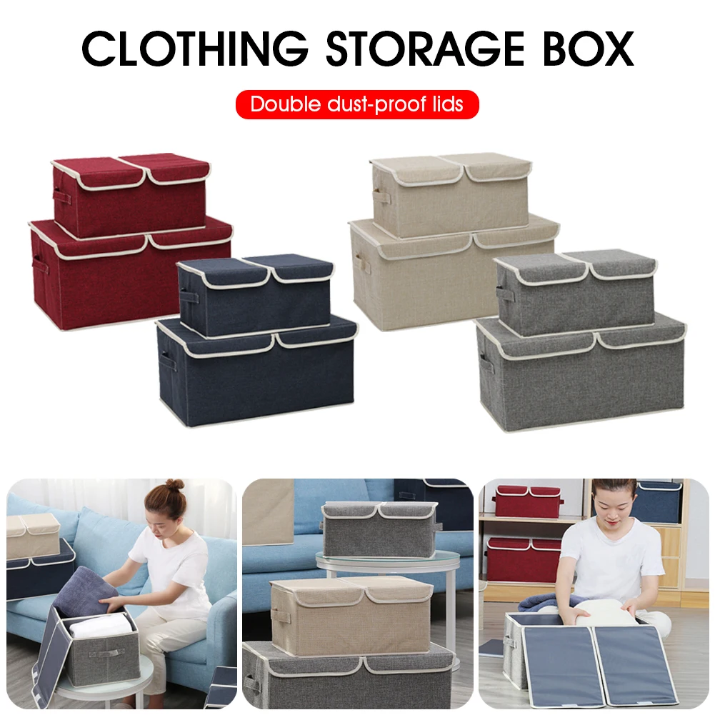 

Linen Clothes Storage Bag Collapsible Clothes Organizer Box with Handle Lid Detachable Divider for Clothes Shoes Blanket Toy
