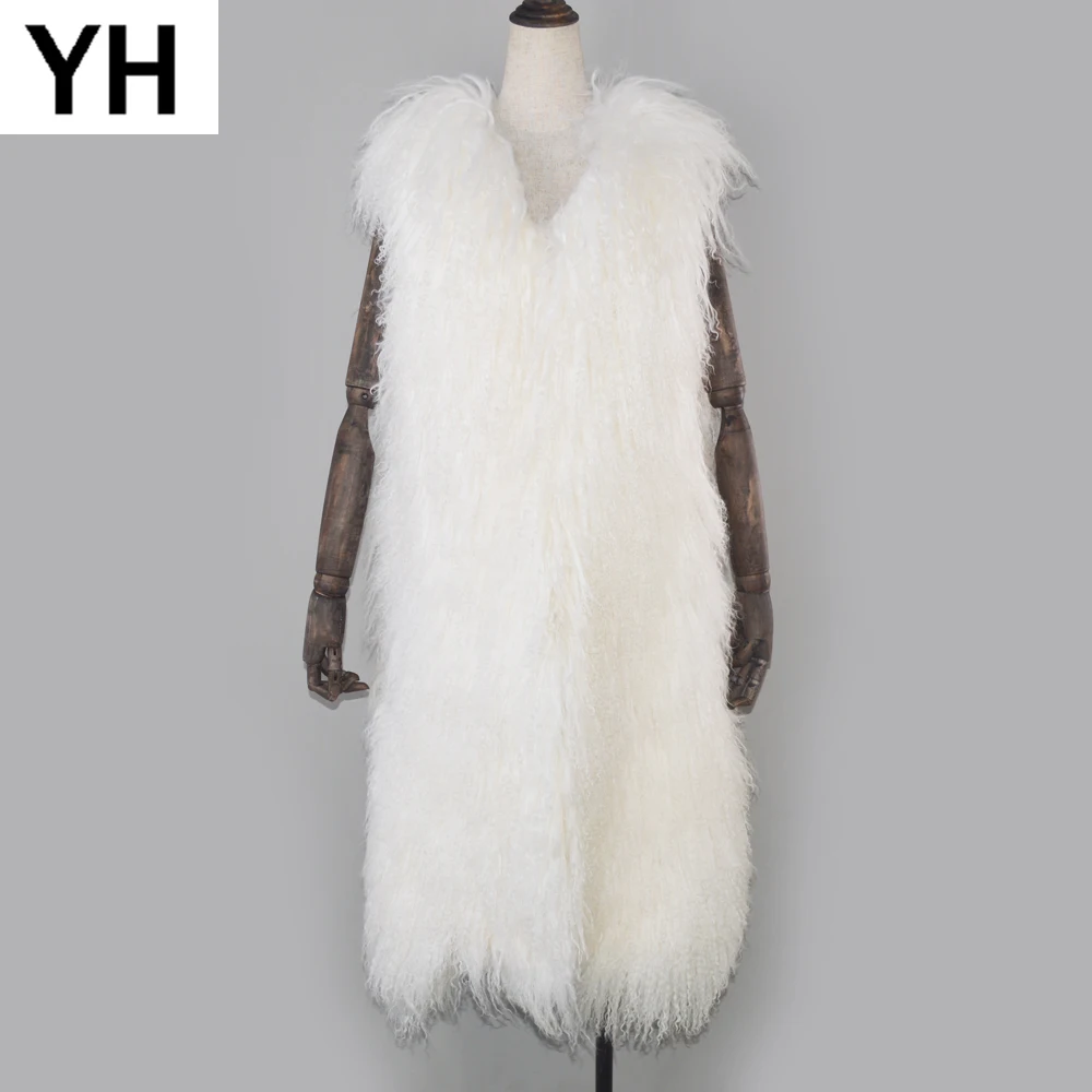 Женский Длинный Меховой жилет стильный из натуральной кожи монгольской овцы
