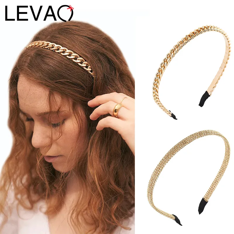 

LEVAO New Fashion Chain Headband Women Bright Gold Hairband Bezel Turban Female Girls Headwear Ladies Hair Accessories Hair Hoop