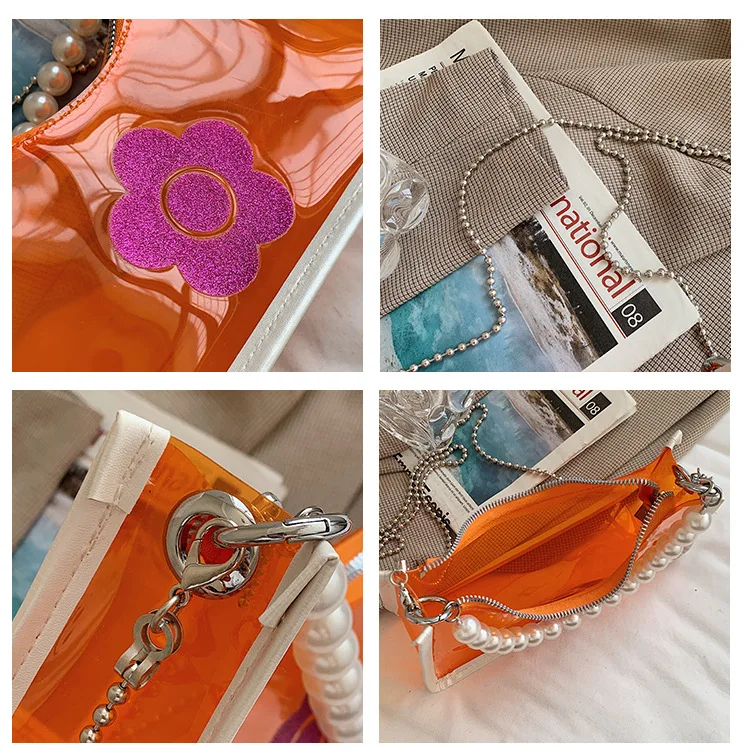 

OIMG Fashion Transparent Flower Crossbody Bags For Women Creative Design ins Portable Pearl Messenger Bags Chain Shoulder Bags