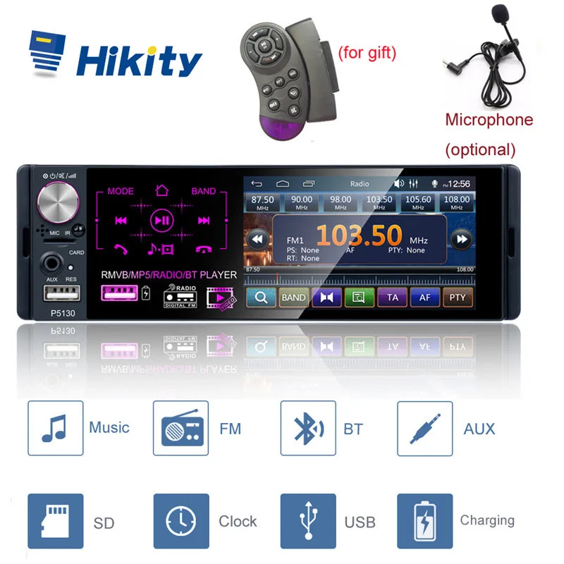 

Плеер Hikity MP5, 1 Din, 4,1 дюйма, Bluetooth, изменение логотипа автомобиля, USB, MP5, RDS, стерео, AM, FM, радио, Поддержка рулевого управления, микрофон