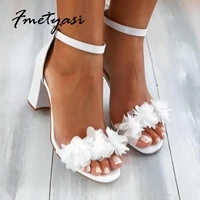 white women heels flower sandals summer wedding shoes bride shoes black thick heels party shoes fashion open toe women pumps